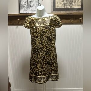 Donna Morgan 100% Silk Gold/BrownPatterned Dress Ruffle Cap Sleeves EUC Sz 6